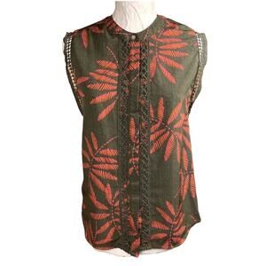 Tropical Palm Leaf Sleeveless Button Top Womens XS Green Coral Resortcore Boho